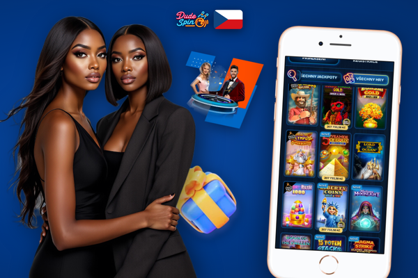 Koláž obrazovek Dudespin Casino – lobby, live kasino a pokladna na mobilech