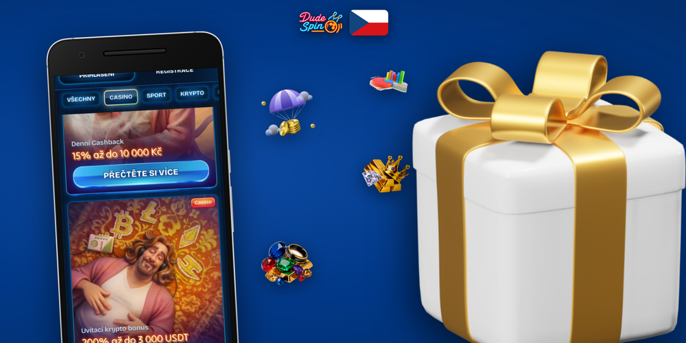 Banner s podmínkami bonusu Dudespin Casino – platnost 10 dní, symbol 18+ a pravidla pro hráče